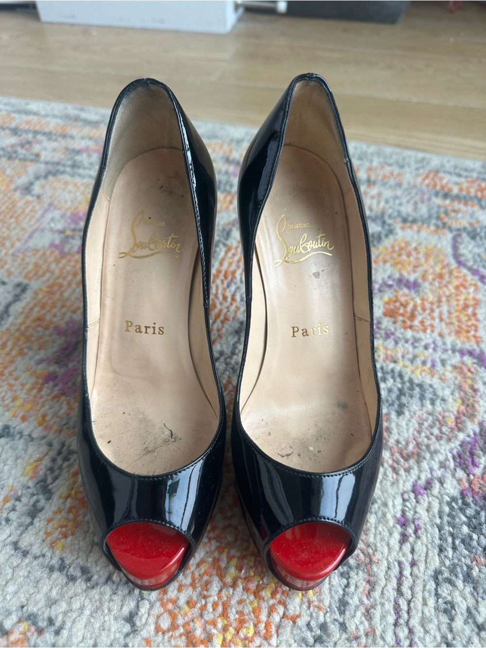 Christian Louboutin Black Patent Peep-Toe Pumps with Red Accents